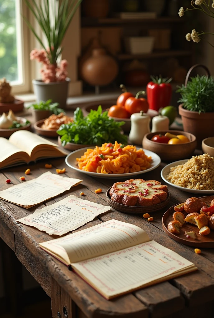 list of cooking recipes on a wooden table with all kinds of food and dishes around