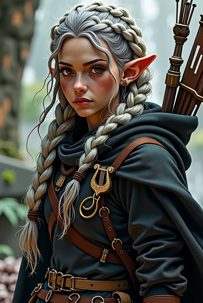 A female halfling whose braided hair is white and black. She is wearing dark leather armor with a black cloak. Her eyes are brown. There is a little dirt on her cheek and forehead. She is middle aged. Her ears are small and rounded. There is a broach on her cloak with a harp symbol in the middle. A bow is on her back.
