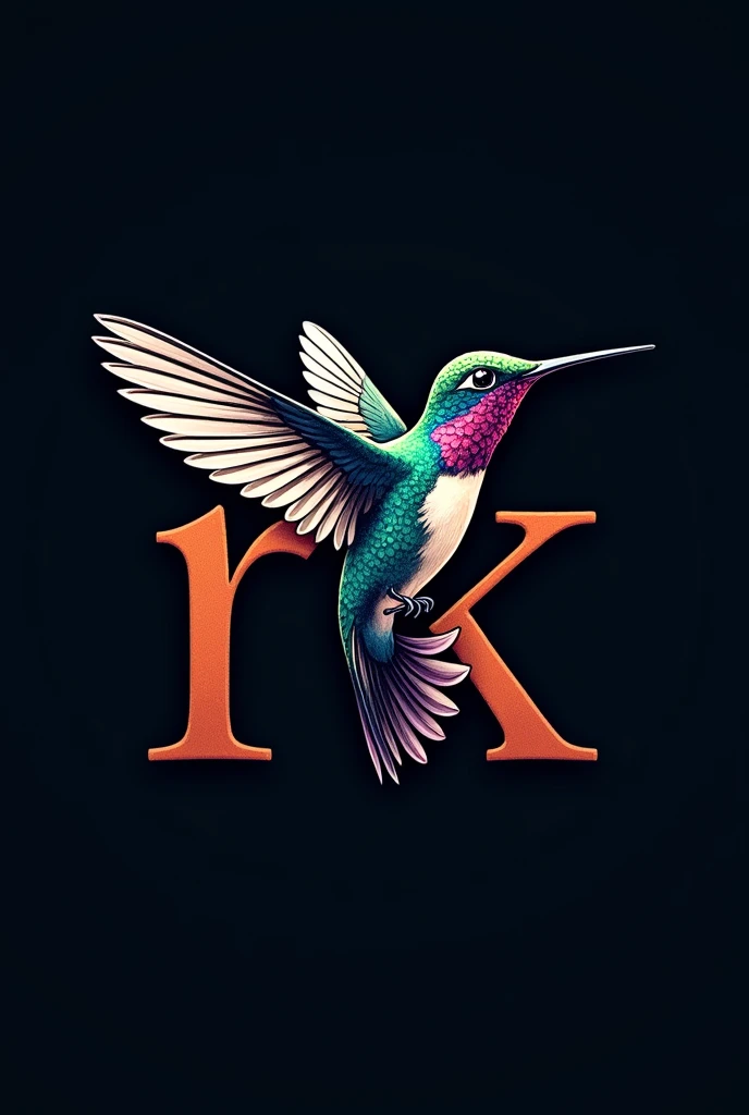 The letter R and the letter K are reversed flying hummingbird with spread wings, black background mixed text images in logo design.