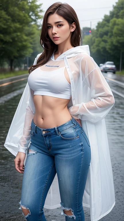 young woman beautiful belly breasts and large breasts with medium brown hair, show abs,  Fair-white wet skin , in wet plain cropped top, long tight blue jeans pant , slightly torn shorts, over size clear transparent hoodie raincoat ,elegant pose, medium long shot, standing on the side of the road and rain effect background