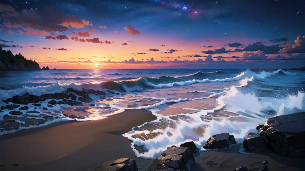 (masterpiece:1.4), (Highest quality:1.4), Very detailed, Complex, Super detailed, Sandy Beach、Sandy Beachを歩いている一人の女の子、night、Starry Sky、4K、8k
