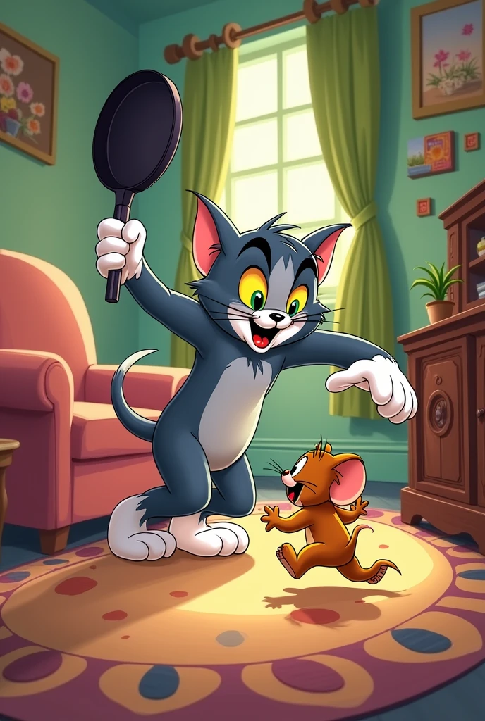 Tom bit with pan toJerry in cartoon