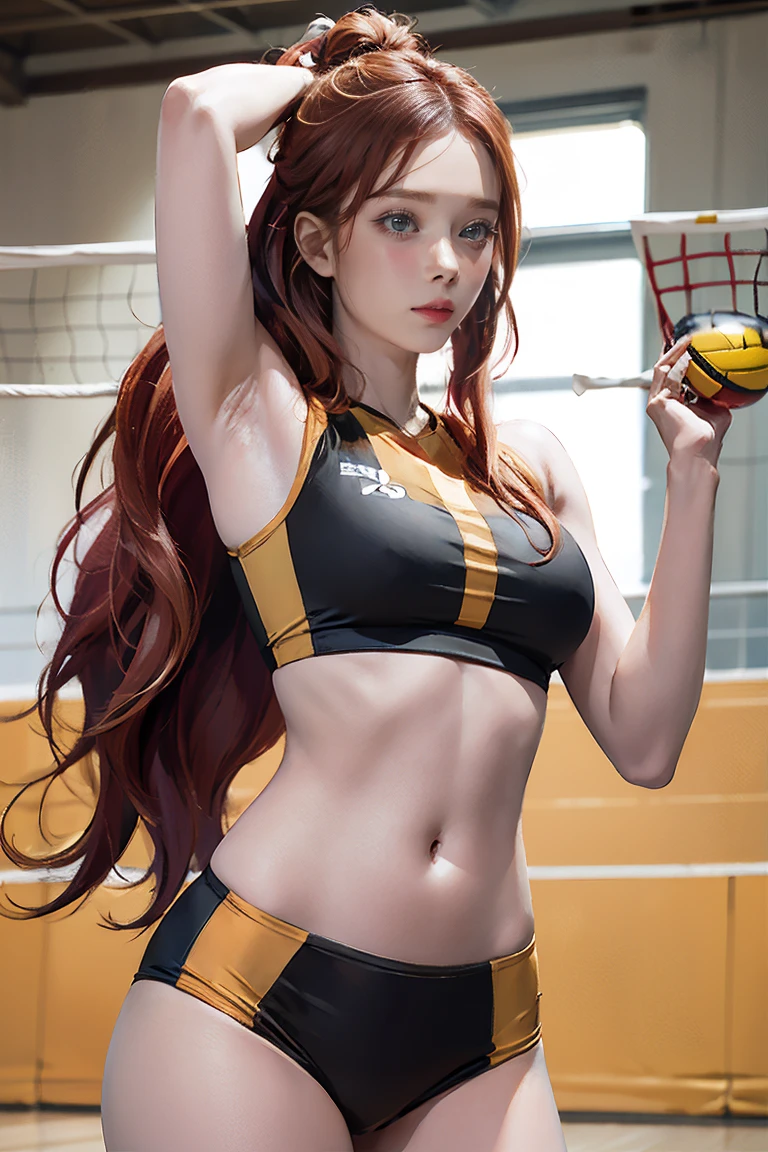 Bright colors, Saturated colors, colorful, 1 girl, Beautiful Face, black and orange volleyball uniform, Long Hair, Redhead, Golden Eyes, Indoor volleyball court background, Better Quality, artwork, Sensual pose, But confident,NSFW,Large Breasts, Small waist