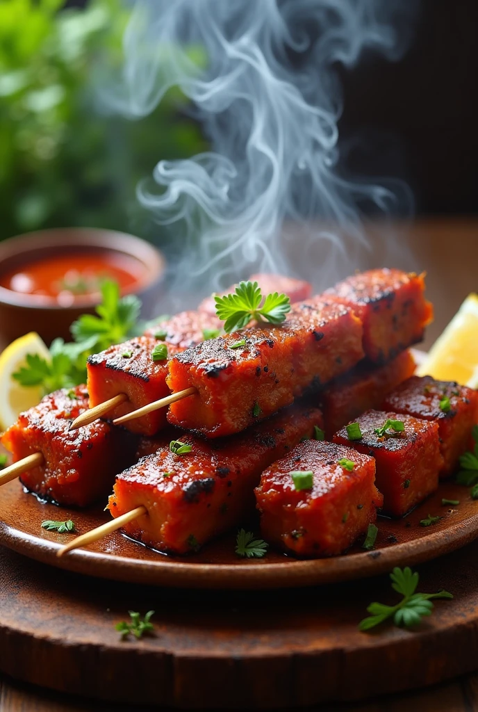 Fragrant meat skewers,Serve on a delicious plate,Breathing alluring smoke