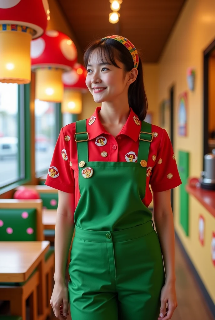 Uniform for employees of a fast food restaurant with a Mario Bros. gamer theme with the name of "mushroom kingdom"