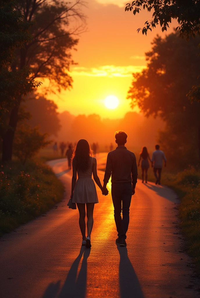 A couple holding hands and walking along a long, winding and beautiful road at sunset, and they were photographed from behind and far And there are some people behind them who look at them with regret