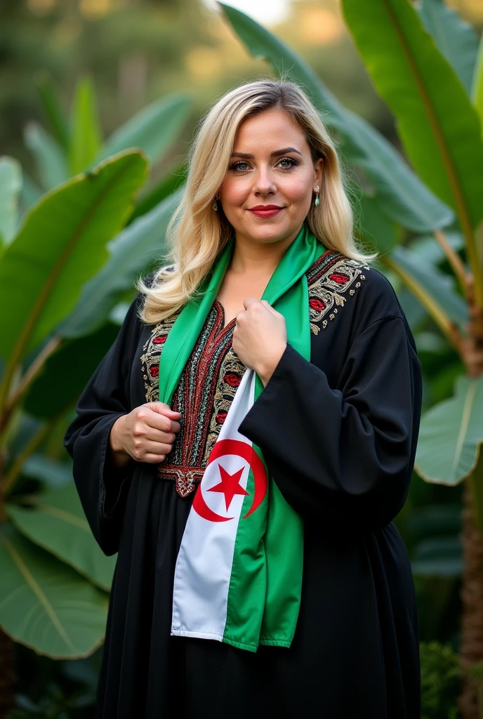 Close up, woman, blonde, plump, wearing a black caftan with a modern embroidered pattern, holding the Algerian flag around her neck in white and green, looking directly at the camera, she is standing on the green nature