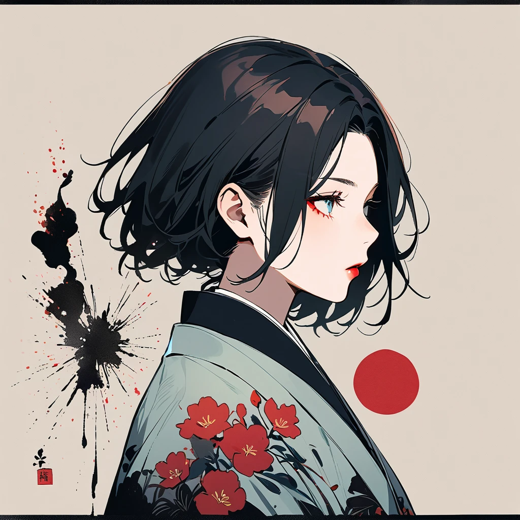 (((Ink Painting))), Fashion portrait color photography, (((1 girl))), (((Flashy makeup))), (((woman))), (((Warrior))), (((Izanami))), Japan人の美少女, Black Hair, Delicate and precise, Modern ukiyo-e style,Japan, Japanese flag