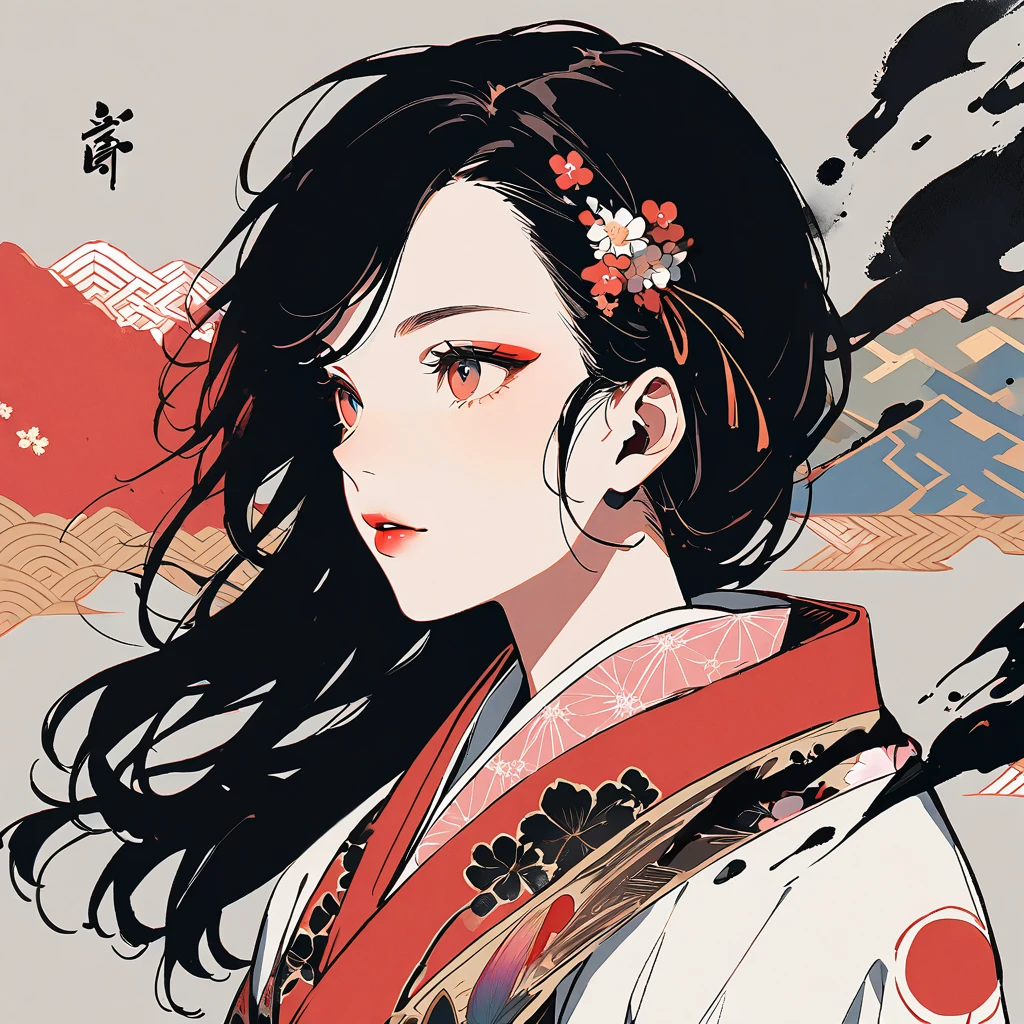 (((Ink Painting))), Fashion portrait color photography, (((1 girl))), (((Flashy makeup))), (((woman))), (((Warrior))), (((Izanami))), Japan人の美少女, Black Hair, Delicate and precise, Modern ukiyo-e style,Japan, Japanese flag