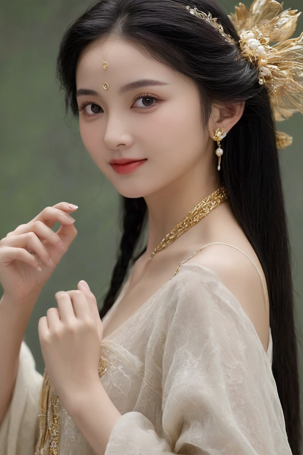 ((Masterpiece Real Photos 8K Wallpaper))(( Full-length or half-length portrait))I want to create the woman I desire.She is about 2. Height 168 cm.She has long, straight, black hair that reaches her waist..She is a young oriental woman with a figure in line with the golden proportions of the human body, exquisite facial features, and a healthy complexion.. I want her to be like Mona Lisa.Always with a mysterious smile on his face.And looked at me with loving eyes.