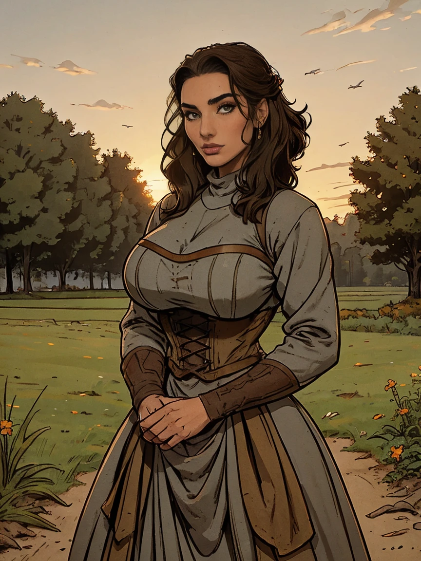 Gorgeous and sultry busty athletic (thin) brunette peasant with sharp facial features wearing a modest updo, medieval hair cover, rough-spun grey and brown medieval dress, long sleeves, wide neck, long dress, tight bodice, corset, Middle Ages, cottage, farm, exterior, trees, countryside, evening, sunset.