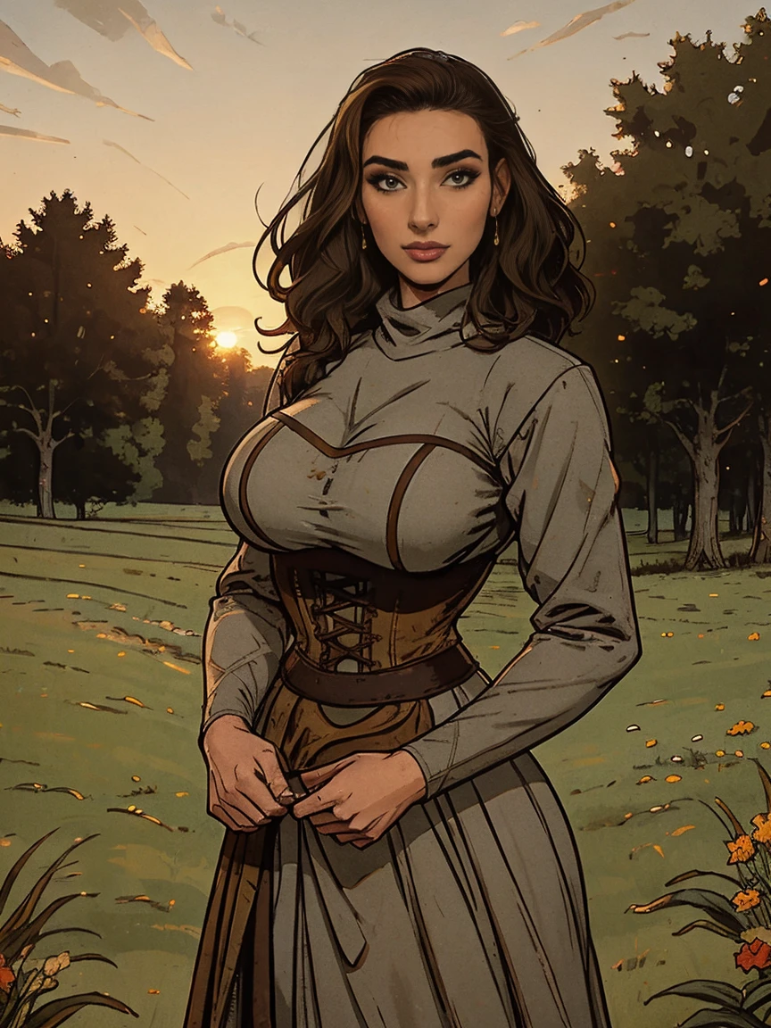 Gorgeous and sultry busty athletic (thin) brunette peasant with sharp facial features wearing a modest updo, medieval hair cover, rough-spun grey and brown medieval dress, long sleeves, wide neck, long dress, tight bodice, corset, Middle Ages, cottage, farm, exterior, trees, countryside, evening, sunset.