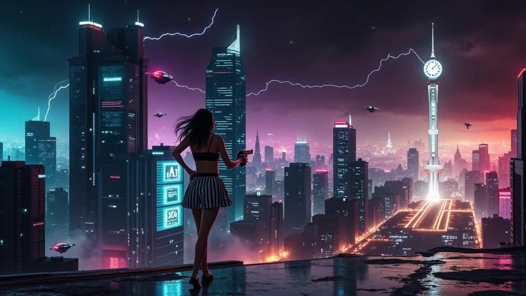 (Wide angle aerial view). At night, simple outlined cyberpunk city, flying cars, all-glass buildings, glowing giant clock tower, lightning, line art background. High-resolution OLED GUI interfaces in the building, The windows are filled with transparent data visualization infographics that show it all, very close-up green glowing cascading code. Colors are saturated and vibrant. At night, (1girl, solo, alone), photorealistic, large-breast slim:0.6 body, oval:0.5 face, black mini bra, cleavage:1.1, deep-v, very low angle view of black pleated miniskirt, white panty, (upskirt), glove, (Matrix style black micro sunglasses), (aiming viewer with a short gun), dynamic running pose, (half-body thigh level close-up shot), cinematic lighting, ray tracing, motion blur background.