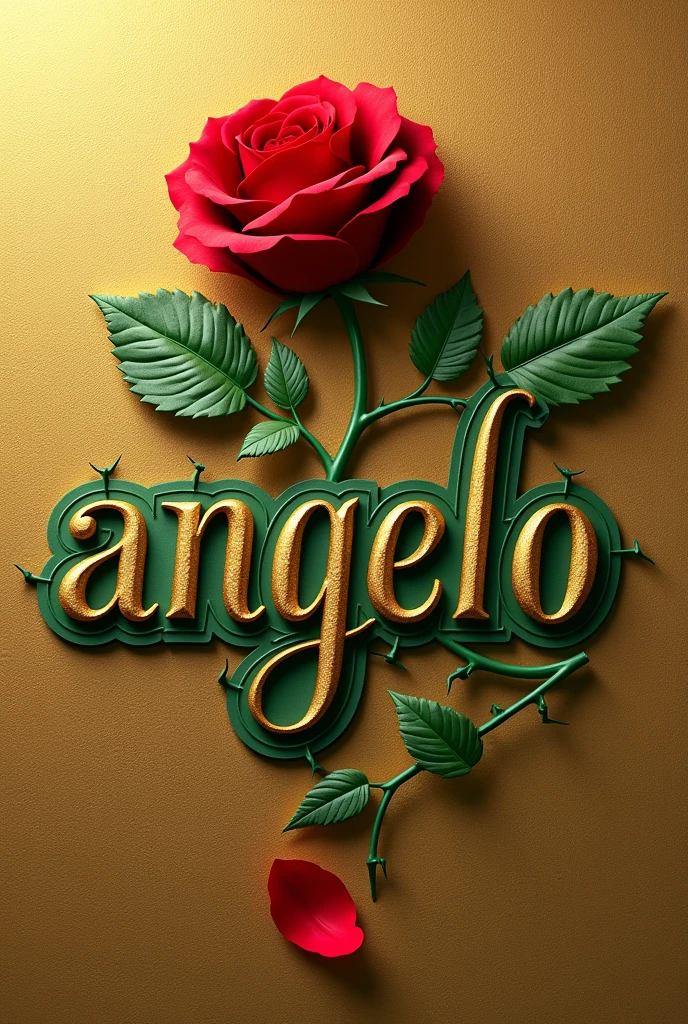 Creates an image that shows the name "Angelo" written in an elegant gold font with a green outline. The name has to be on a textured gold background. A green branch with thorns extends from the bottom of the "Â" in the name and curves above it, with a red rose in bloom at the tip. A red petal separate from the rose is also in the lower right corner of the name.