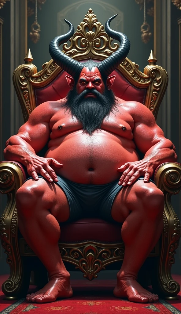 satan on his ruling throne, red skin, low swim trunks with bulge in the middle, chubby, hairy, anchor beard, high resolution, ultra-detailed, sharp focus, intricate details, detailed eyes, symmetrical eyes, expressive eyes, clear pupils, vibrant eyes, focused gaze, legs wide open ,left hand is holding the belly, king's expression is intimidating with a sense of authority