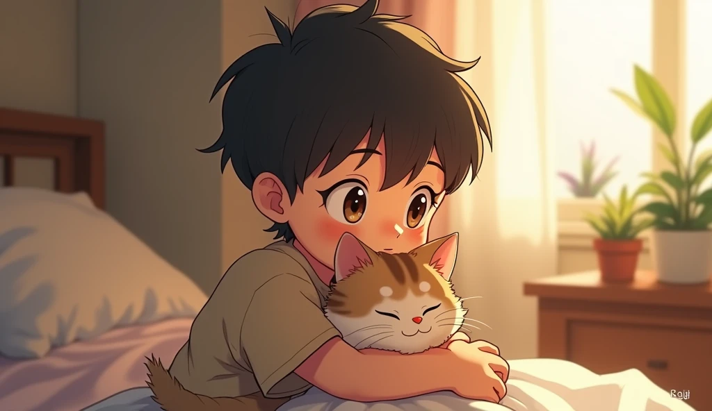 Anime Boy Shota Hugging His Cat 