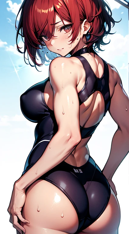 Highest品質、Highest1People Girls,high quality,A detaileded face、A detaileded eye、detailedな鼻、Mouth details、 Beautiful expression, ((Masseter muscle area)), ((High resolution)), ((Highest品質)), detailed, ((Skin shiny with sweat)), (Swimsuit :1.2)、 With a girl, Redhead, (short hair)、((Backward view:1.3、Butt))、White skin:1.3、、Big ample breasts, Cinema Lighting, It's perfectly shaded,(((By the pool))), Realistic lighting with shades,Show the whole body