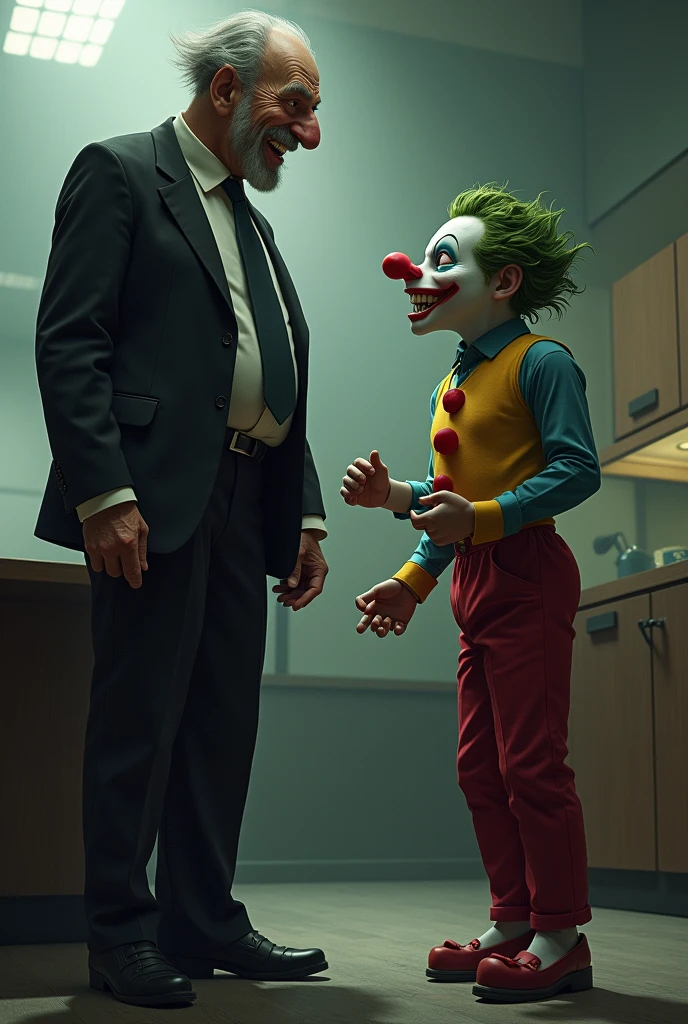 The image of two people.
A very cynical and manipulative veteran boss with his young lackey with clown features who is fixing his hair.