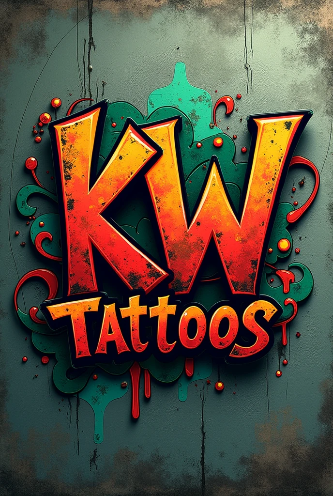 LOGO FOR A BRAND WITH A NAME: KW TATTOOS (in Spanish). MADE IN GRAFFITI STYLE WITH RED COLORS, green and yellow, MADE ON WALL 
