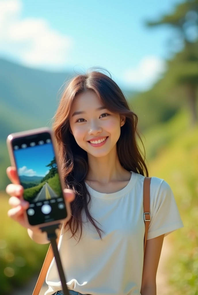 Koren Cute 1 girl selfie stick with i phone weather pic joyonti