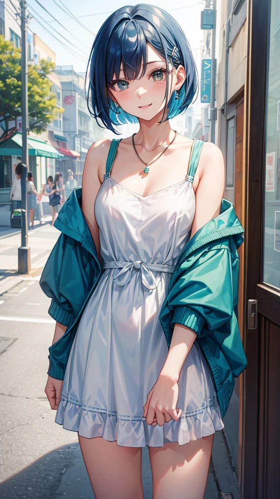 gender：Female length：160cm Measurements：B80 W60 H85 髪の色：Blue Hairstyle：Short bob eye color：Green Clothing：White mini dress、Earrings、necklace、ビーチサンダル gender：Female length：160cm Measurements：B80 W60 H85 髪の色：濃いBlue Hairstyle：Short bob eye color：Green Clothing：White short sleeve hoodie、Denim shorts　expression：smile