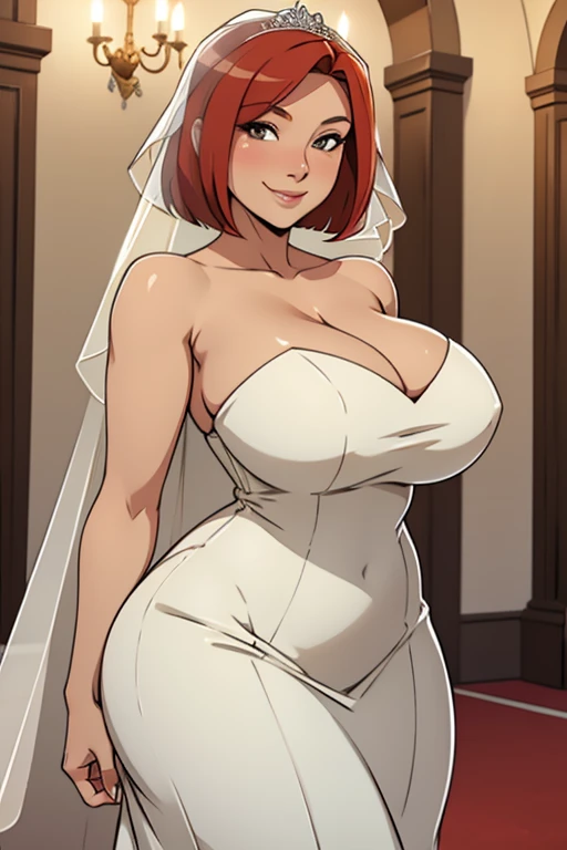 Mature woman, sexy pose, big breasts, curvy, smile, bob haircut, wedding dress, redhead, wedding veil
