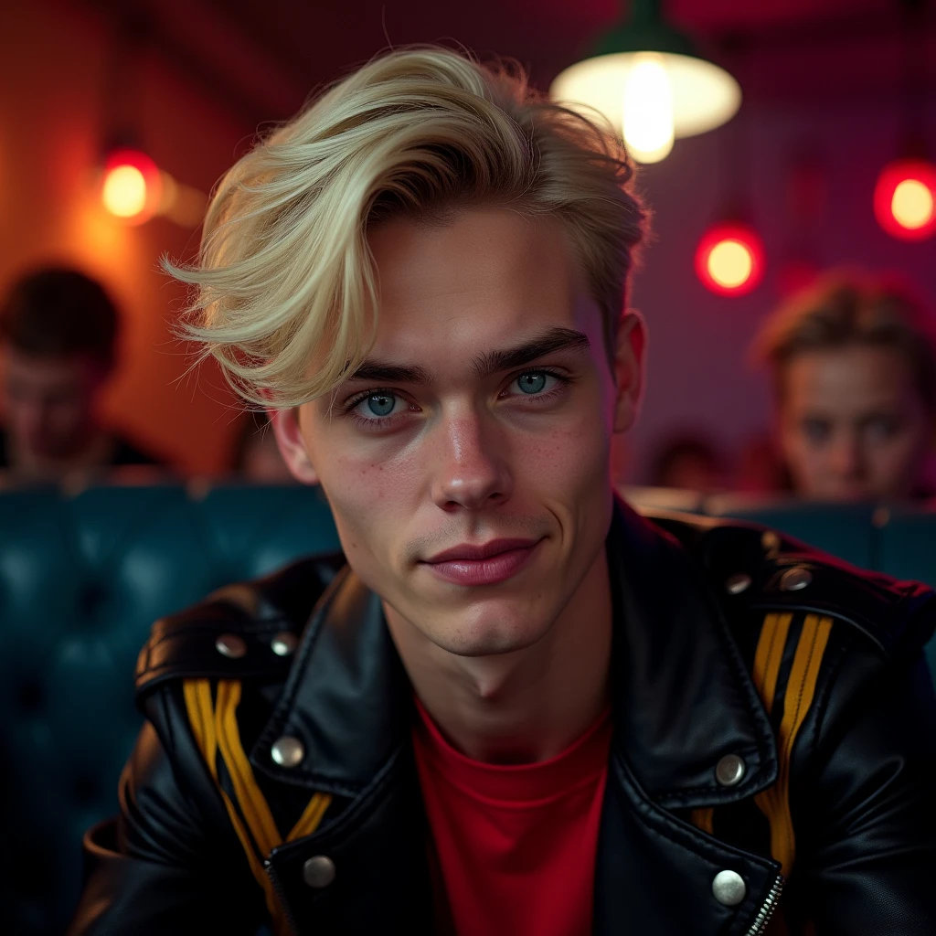 photograph head shot, attractive 22 year-old male model, short platinum blond layered textured long side swept bangs hair, vibrant blue eyes, teen face, skinny svelte body, dominant smirking expression, almond shaped eyes, very pale skin tone, black leather jacket with yellow accents on shoulders, red shirt, inside private underground club, dim lighting, cinematic