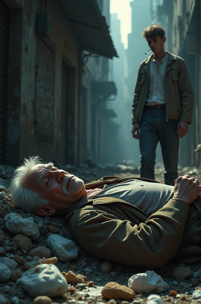 A white-haired guy lying in a pile of trash, while another guy with hair covering his face and a cigarette in his mouth is looking at him