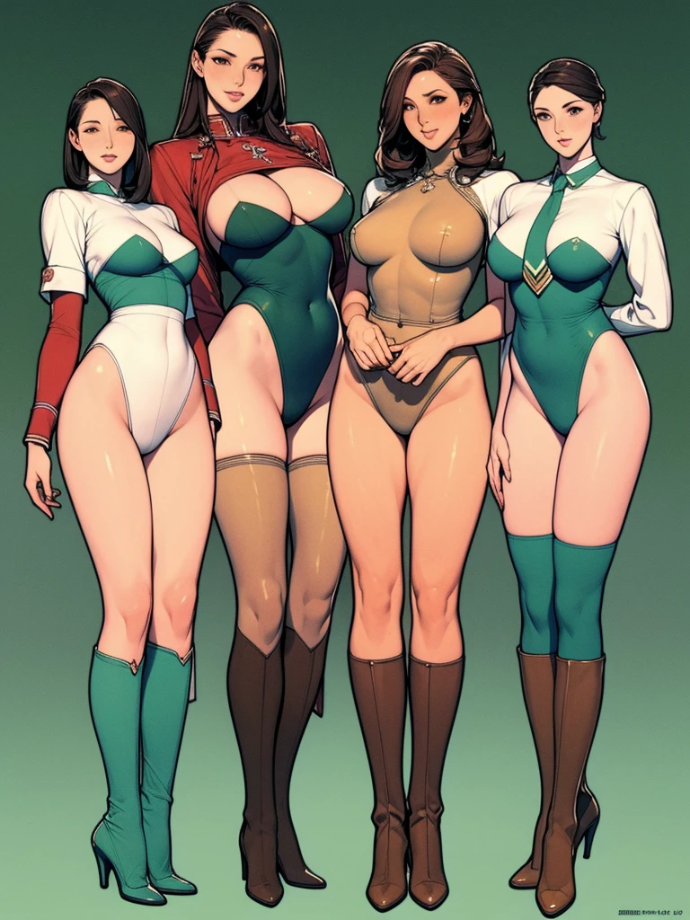 Full body picture:(masterpiece:1.2, best quality),(Very detailed),8K,wallpaper,Three women standing in a row,Full body picture,All wearing pantyhose,Female Soldiers,military uniform,深绿色military uniform,织物纹理military uniform,leotard,Dark green tie,Thigh-high boots,Tall figure,Long legs,muscular