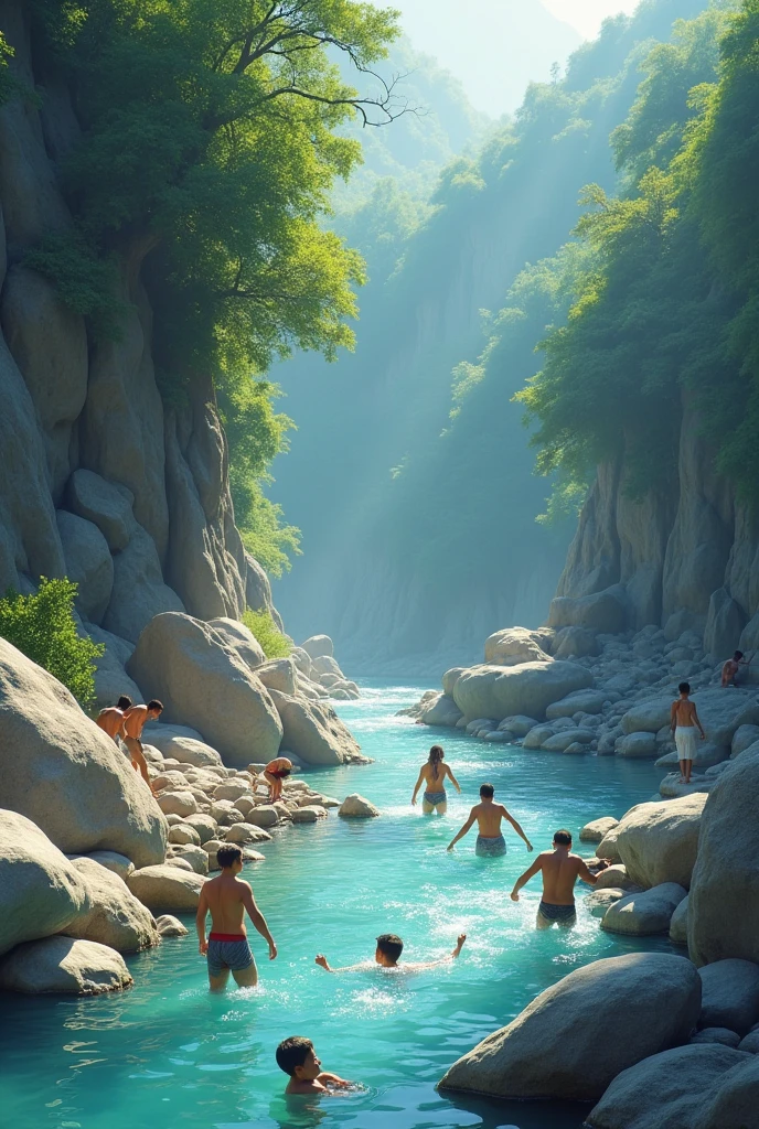 Dua iku orang benong mandi ai wong ba sungai ai sungai mayuh batu besai, fish soup, Elbow people stand on the rocks of the meda cliff, people bathe