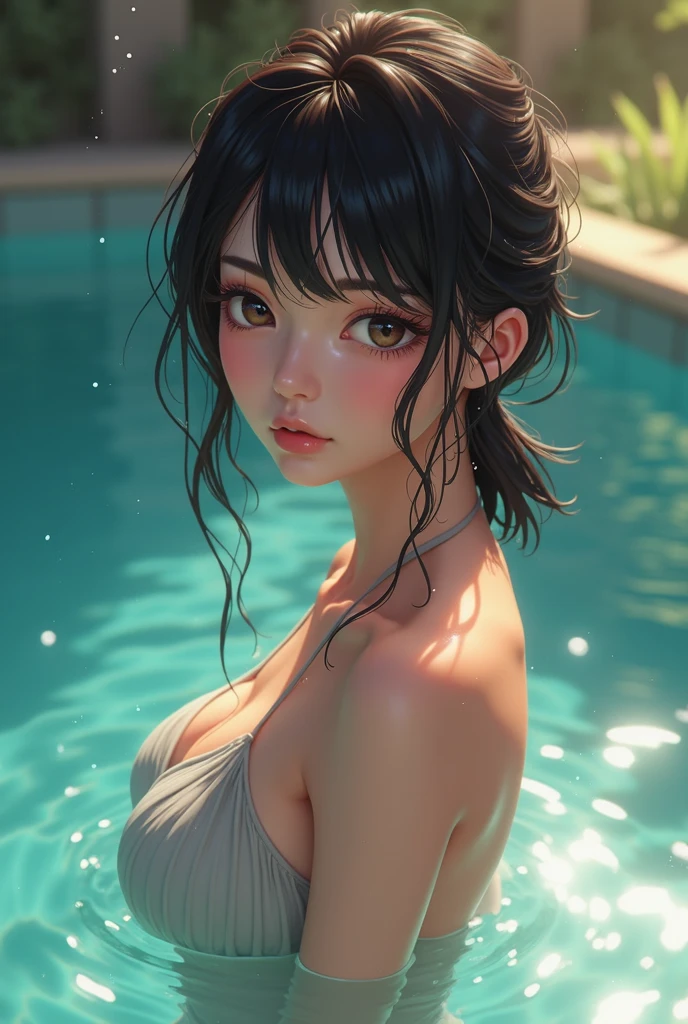 A very sensual anime woman, wet coming out of the pool