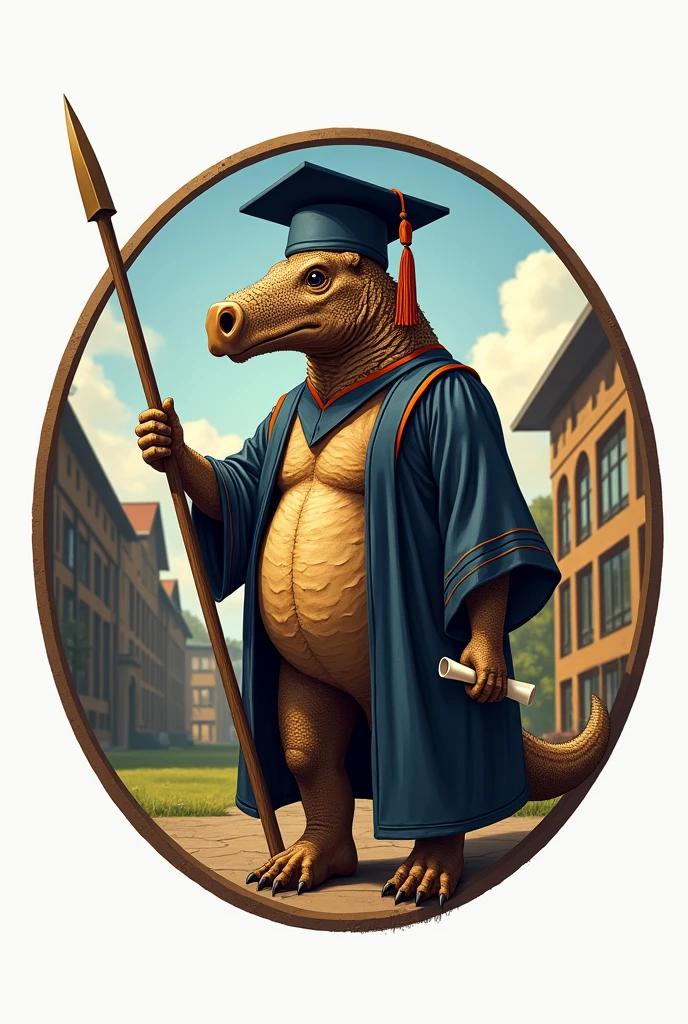 Design a logo that has a school in the background, a human "with an armadillo head" holding a spear, a diploma, a realistic graduation hat and a circular logo. It is for a graduating class.