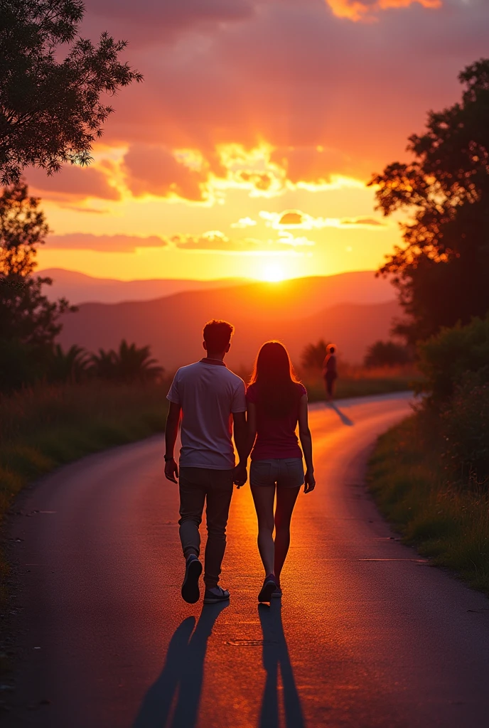 A couple holding hands and walking along a long, winding and beautiful road at sunset, and they were photographed from behind and far And there are some people behind them