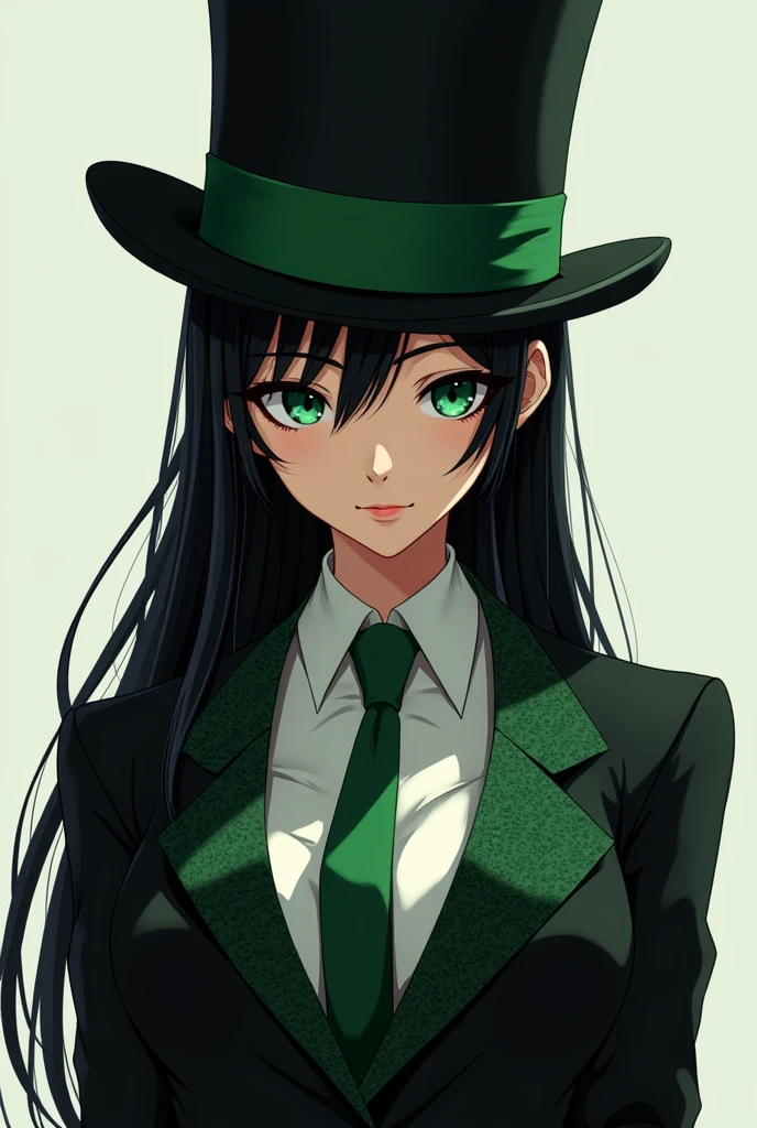 anime girl with long, black hair wearing a black top hat with a green band. she is also wearing a black and green suit. she is tall and slender and is smirking at the viewer.