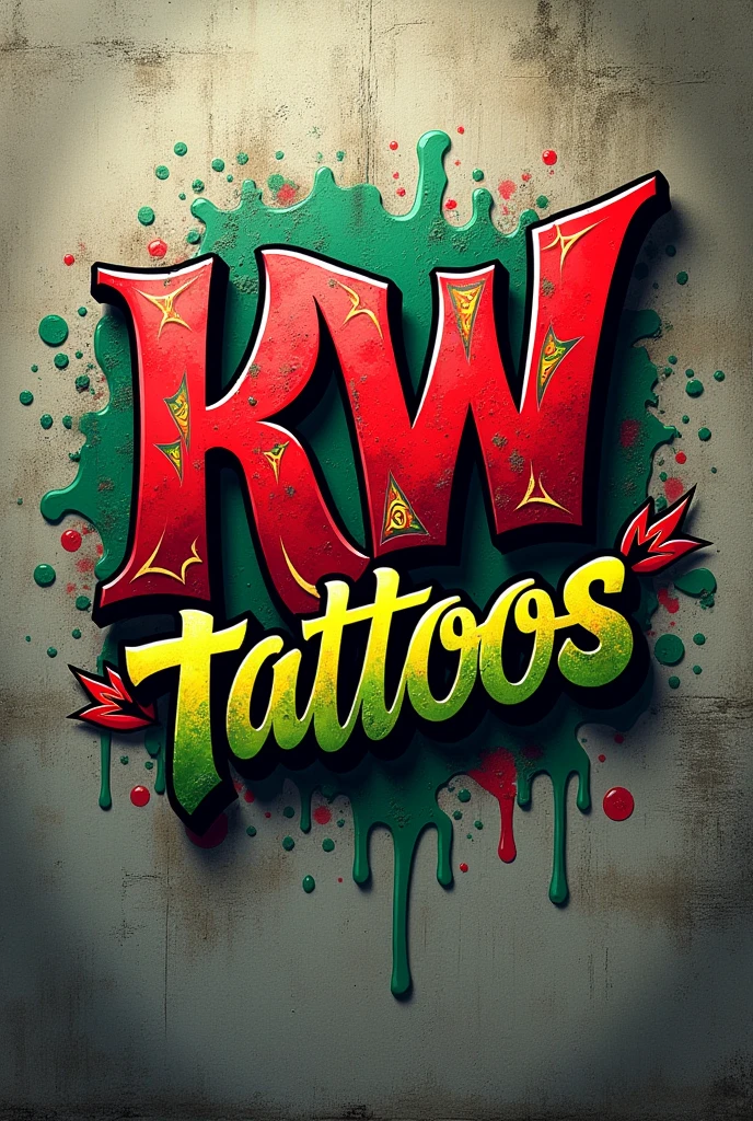 LOGO FOR A BRAND WITH A NAME: KW TATTOOS (in Spanish). MADE IN GRAFFITI STYLE WITH RED COLORS, green and yellow, MADE ON WALL 
