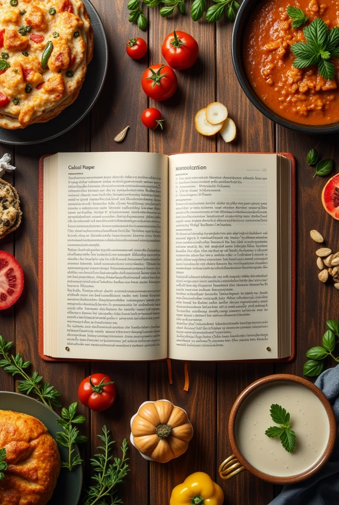 Cooking recipe book on a wooden table with all kinds of food and dishes around it, top view elegantly presented with warm colors