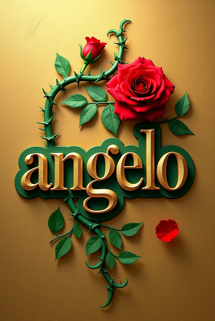 Creates an image that shows the name "Angelo" written in an elegant gold font with a green outline. The name has to be on a textured gold background. A green branch with thorns extends from the bottom of the "Â" in the name and curves above it, with a red rose in bloom at the tip. A red petal separate from the rose is also in the lower right corner of the name.