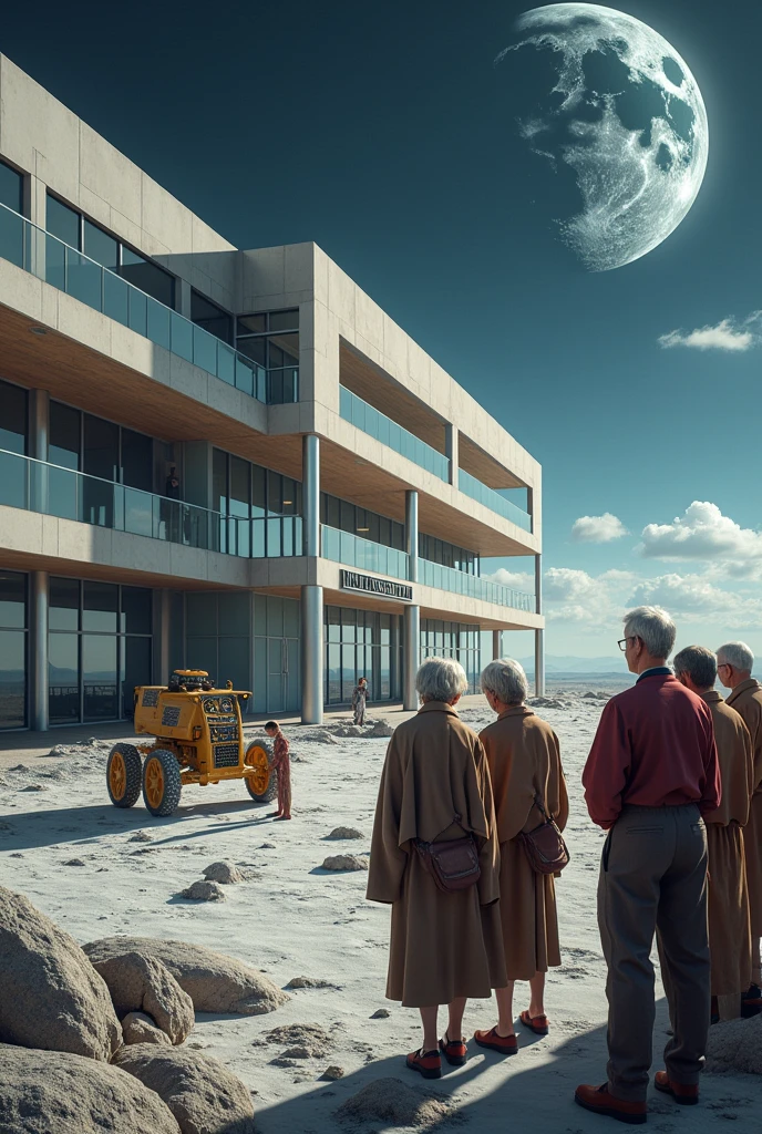 Elderly people aged 50-70 going to SCHOOL on the moon WRITTEN WELL BIG SCHOOL 2ND CHANCE