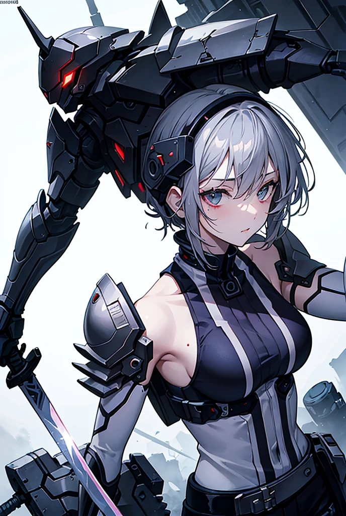Sexy woman,Highest quality, Textured skin, Shortcuts, Grey Hair, Sword wielder,Character portrait, cyber punk,Food, Scar on cheek, Anime Style,
