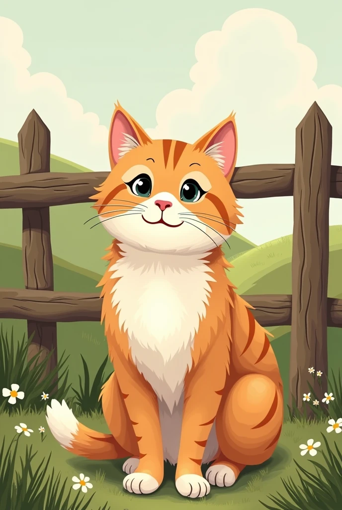 Create a full-color image of a cute male cat. The design should be detailed, with clear lines and spaces that allow for creative use of color in a tone-on-tone illustration style. Each cat should be depicted in a woodland farm setting, with elements that add context but keep the focus on the animal itself. The overall style should be playful and engaging, suitable for children.