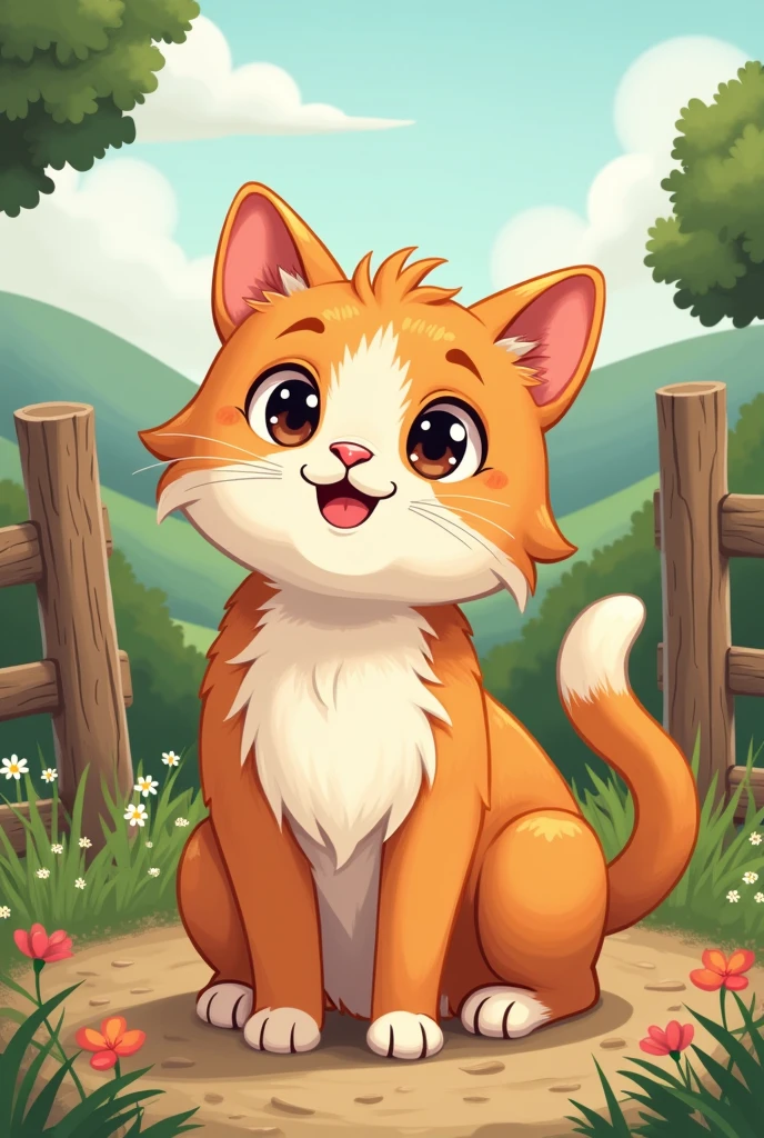 Create a full-color image of a cute male cat. The design should be detailed, with clear lines and spaces that allow for creative use of color in a tone-on-tone illustration style. Each cat should be depicted in a woodland farm setting, with elements that add context but keep the focus on the animal itself. The overall style should be playful and engaging, suitable for children.