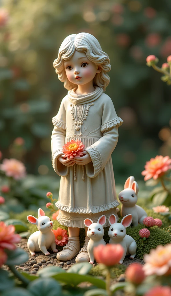 beautiful ceramic statue of a young girl, detailed flower garden, small animals gathering around the statue, (best quality,4k,8k,highres,masterpiece:1.2),ultra-detailed,(realistic,photorealistic,photo-realistic:1.37),HDR,studio lighting,extreme detail description,vivid colors,ornate,intricate details,lush foliage,cute animals,warm lighting,soft focus,serene atmosphere