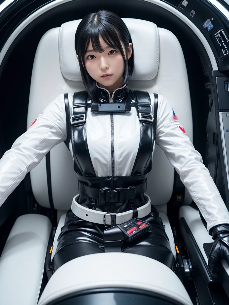 Japanese female android,Black Hair,Space capsule cockpit,The person is completely secured in the seat with the backrest reclined by a thick harness belt.,Plump,Spread your legs,Squat,Shiny white robot suit,Surrounded by switches and monitors,
