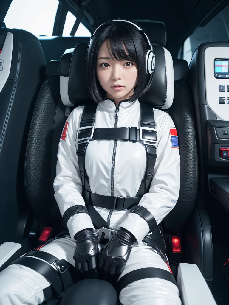 Japanese female android,Black Hair,Space capsule cockpit,The person is completely secured in the seat with the backrest reclined by a thick harness belt.,Plump,Spread your legs,Squat,Shiny white robot suit,Surrounded by switches and monitors,
