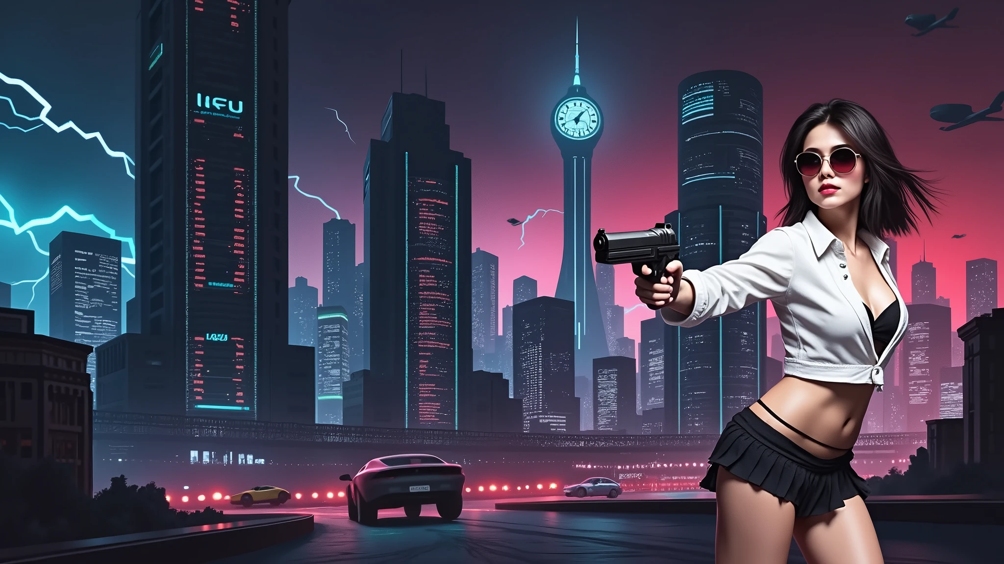 (Wide angle aerial view). At night, simple outlined cyberpunk city, flying cars, all-glass buildings, glowing giant clock tower, lightning, line art background. High-resolution OLED GUI interfaces in the building, The windows are filled with transparent data visualization infographics that show it all, very close-up green glowing cascading code. Colors are saturated and vibrant. At night, (1girl, solo, alone), photorealistic, large-breast slim:0.6 body, oval:0.5 face, black mini bra, cleavage:1.1, deep-v, very low angle view of black pleated miniskirt, white panty, (upskirt), glove, (Matrix style black micro sunglasses), (aiming viewer with a short gun), dynamic running pose, (half-body thigh level close-up shot), cinematic lighting, ray tracing, motion blur background.
