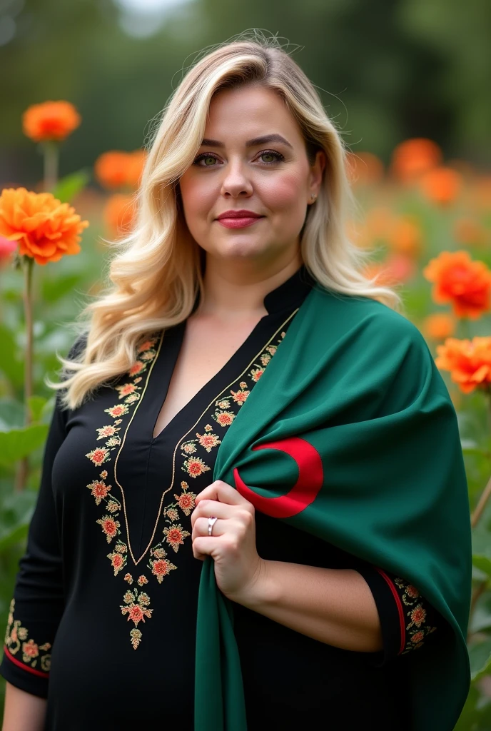 Close up, woman, blonde, plump, wearing a black caftan with a modern embroidered pattern, holding the Algerian flag around her neck in white and green, looking directly at the camera, she is standing in a flower garden