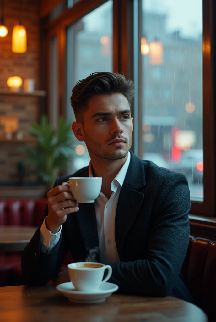 very nice manly young man in cafe drinking coffe, rainly window