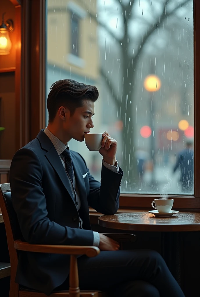 very nice manly young man in cafe drinking coffe,  rainly window