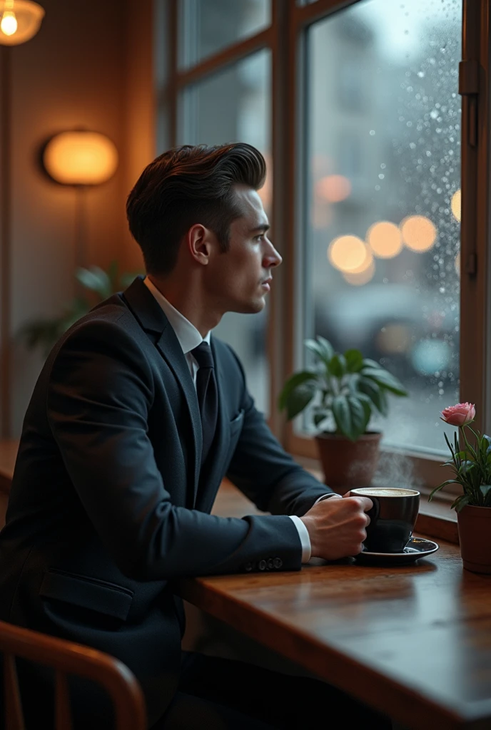 very nice manly young man in cafe drinking coffe,  rainly window