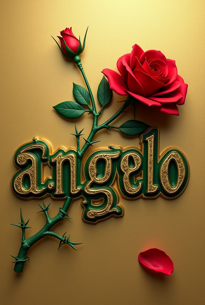 Creates an image that shows the name "Angelo" written in an elegant gold font with a green outline. The name has to be on a textured gold background. A green branch with thorns extends from the bottom of the "Â" in the name and curves above it, with a red rose in bloom at the tip. A red petal separate from the rose is also in the lower right corner of the name.